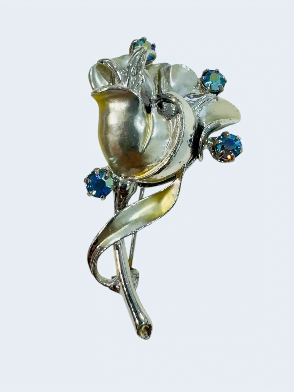 Vintage Silvertone Tulip Brooch – Aurora Borealis Rhinestone Floral Pin
